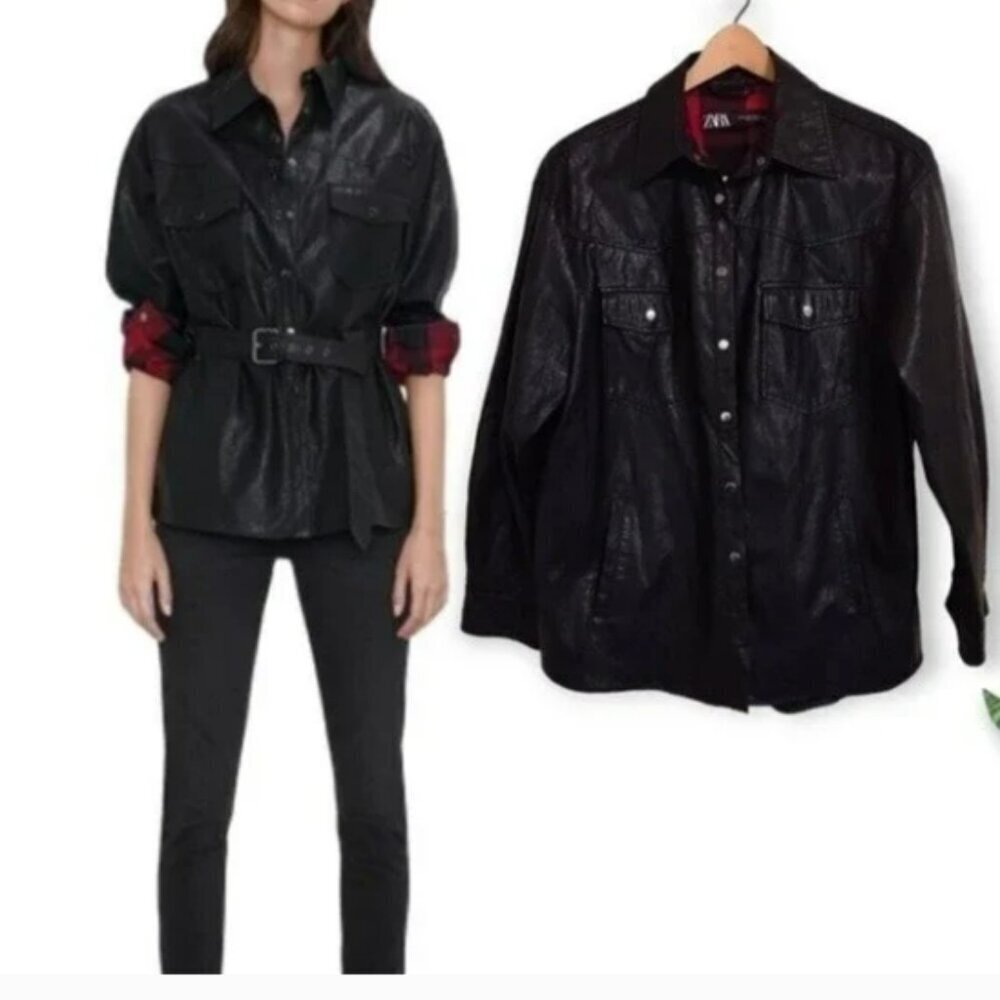 ZARA Leather Belted Trench Coat Jacket Overshirt Women's Large